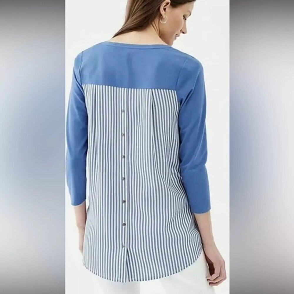 J Jill Striped Button Back Mixed Media Top Size S Petite Blue White Cotton Blend
